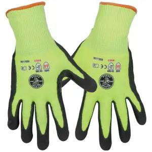 Klein Tools Work Gloves, Cut Level 4, Touchscreen, Large, 2-Pair, High-Visibility Yellow Knit/ Black Coating/ Orange Cuff Thread
